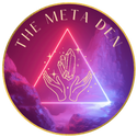 The Meta Den Logo Neon hands holding a crystal within a triangle and all within a circle plus The Meta Den heading.
